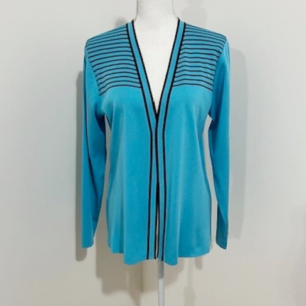 Exclusively Misook Open Front Cardigan Black Blue Striped Acrylic Size S
